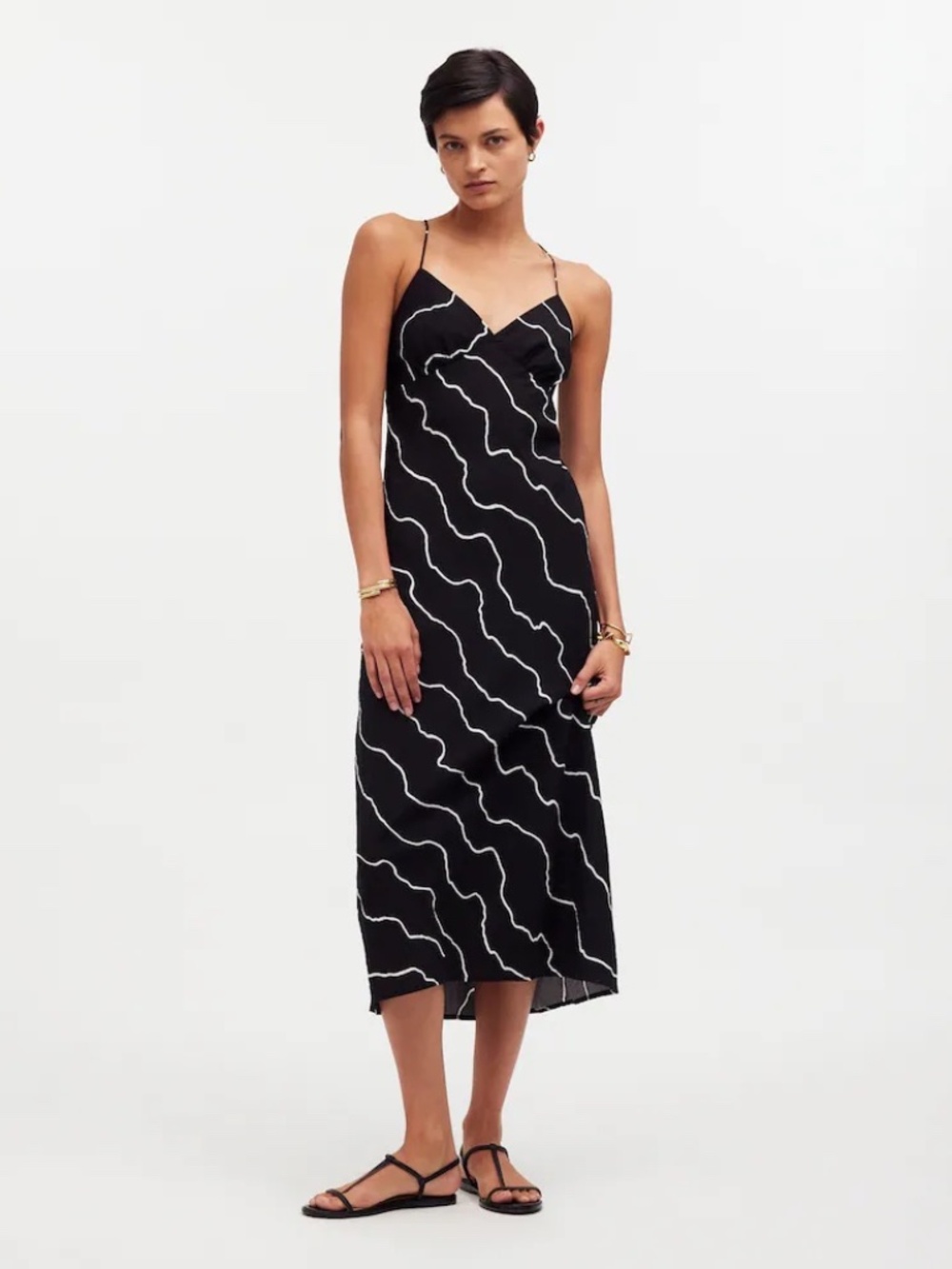Madewell The Layton Midi Slip Dress - Black/White Squiggle Stripe | Size 6